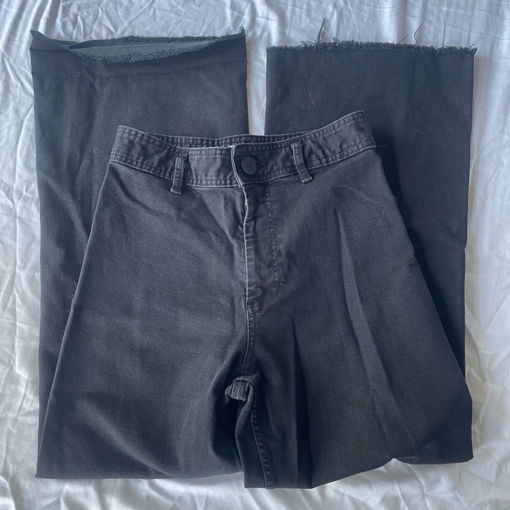Black Raw Hem Wide Leg Jeans